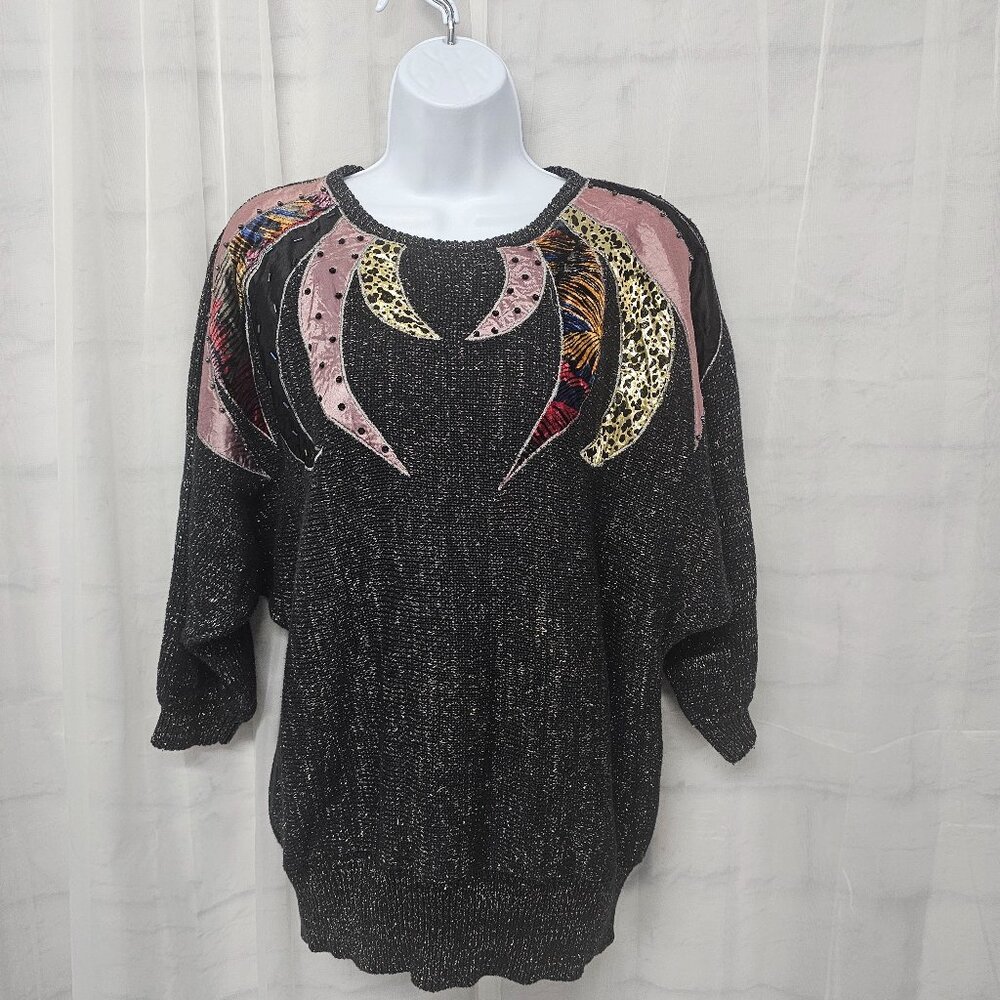 Vintage P Galli Sweater Pullover Metallic Applique Artsy Black Pink L